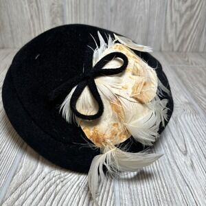 Vintage Women's Black Genuine Velour Feather Hat Wedding Derby Church Repair
